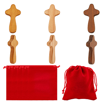 Elite 6Pcs 3 Colors Wood Hand-held Cross, Praying Cross, for Christian Gift, Religious Table Altar Decoration, with 6Pcs Rectangle Velvet Pouches, Mixed Color, 102~120x54.5~100x15mm, 2pcs/color