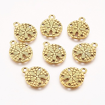 Tibetan Style Alloy Pendants, Sand Dollar, Cadmium Free & Nickel Free & Lead Free, Antique Golden, 19x15x2mm, Hole: 2mm