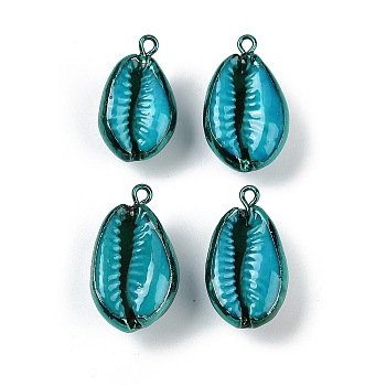 Spray Painted Natural Cowrie Shell Pendants, Shell Shape Charms, Dark Turquoise, 22.5~24x12~14.5x9~11mm, Hole: 1.8mm