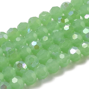Imitation Jade Glass Beads Strands, Faceted, Round, Light Green, 8x7~7.5mm, Hole: 1.2mm, about 65~67pcs/strand, 19.49~19.69''(49.5~50cm)
