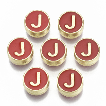 Alloy Enamel Beads, Cadmium Free & Nickel Free & Lead Free, Flat Round with Initial Letters, Light Gold, Letter.J, 8x4mm, Hole: 1.5mm