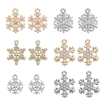 36Pcs 6 Style Alloy Pendants, with Crystal Rhinestone, Snowflake Charm, Platinum & Golden, 16~22x14~17x1.7~3mm, Hole: 1.2~2mm, 6pcs/style