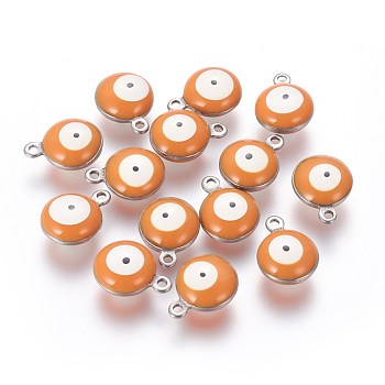 304 Stainless Steel Enamel Charms, Flat Round with Evil Eye, Stainless Steel Color, Dark Orange, 8.5x6x3.5mm, Hole: 1.2mm