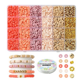 DIY Bracelet Kits, Including Handmade Polymer Clay Beads, CCB Plastic Spacer Beads, Brass Crimp Beads, Alloy Spacer Beads, Mixed Color, 6x1mm, Hole: 2mm, 5 colors, 28g/color, 140g