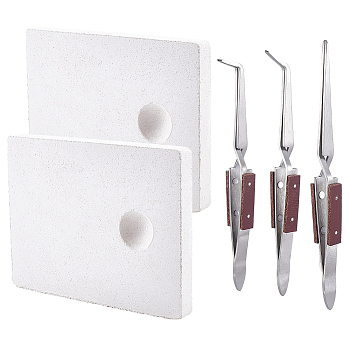2Pcs Quartz Honeycomb Soldering Boards, with 3Pcs 3 Styles Stainless Steel Cross Locking Tweezers, White, 14.6x11.1x1.35cm