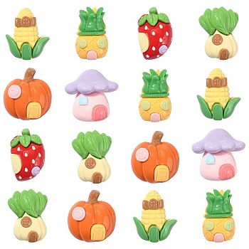 30Pcs Opaque Resin Imitation Food Cabochons, Vegetables & Fruit House, Mixed Shapes, Mixed Color, 17~25x17~27x10.5~15mm
