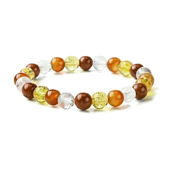 Synthetic Citrine & Natural Carnelian & Red Jasper & Natural Quartz Crystal Round Beaded Stretch Bracelets, Aries, Inner Diameter: 2-1/8 inch(5.5cm)