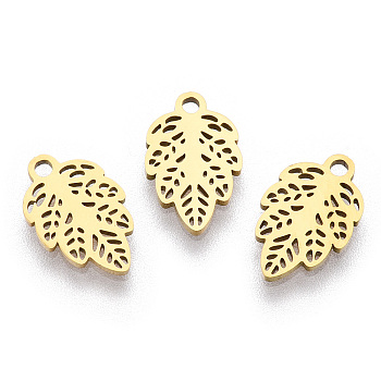 304 Stainless Steel Pendants, Leaf Charm, Real 18K Gold Plated, 12x7.5x1mm, Hole: 1.4mm