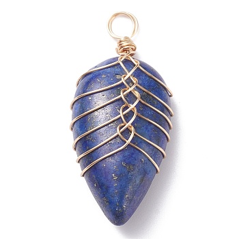 Natural Lapis lazuli Pendants, with Light Gold Tone Copper Wire Wrapped, Water Drop, 35~36x16~17x8.5mm, Hole: 4mm
