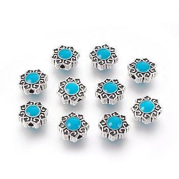 Alloy Beads, with Resin, Flower, Antique Silver, Deep Sky Blue, 11x5~5.5mm, Hole: 1.6mm