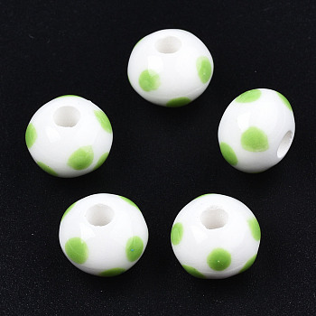 Handmade Porcelain Beads, Famille Rose Style, Rondelle with Polka Dot Pattern, Lime Green, 12.5x9.5mm, Hole: 3.5mm