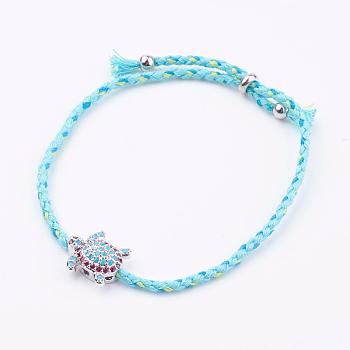 Braided Nylon Cord Bracelets, with Brass Micro Pave Cubic Zirconia Slide Charms, Lead Free & Cadmium Free, Tortoise, Real Platinum Plated, Light Blue, 9-7/8 inch~10-1/4 inch(250~260mm)