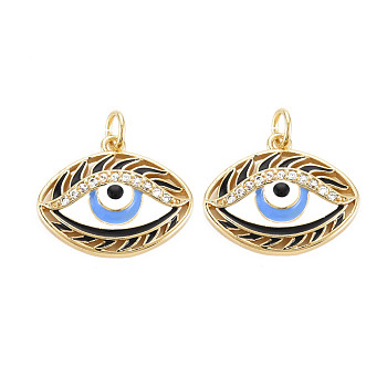 Brass Micro Pave Clear Cubic Zirconia Pendants, with Enamel and Jump Rings, Golden, Eye, Cornflower Blue, 19x23x4mm, Jump Ring: 6x1mm, 4mm inner diameter