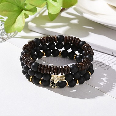 3Pcs Natural Black Agate(Dyed) and Coconut Beads Stretch Bracelets Set(BJEW-JB08933)-2