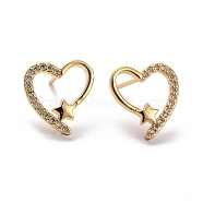 Heart & Star Brass Micro Pave Clear Cubic Zirconia Ear Studs, Lead Free & Cadmium Free, Real 18K Gold Plated, 14x13mm, Pin: 0.8mm(KK-K258-30G-RS)