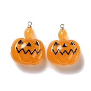 Halloween Pumpkin Transparent Resin Pendants, with Light Gold Tone Metal Loops, Pumpkin Jack-O'-Lantern, Orange, 25.5x20x11.5mm, Hole: 1.6mm(RESI-B010-03A)