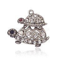 Tibetan Style Alloy Rhinestone Pendants, Tortoise, Antique Silver, Crystal, 42x38x3mm, Hole: 2mm(RB-G152-01AS)