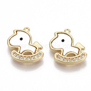 Brass Micro Pave Clear Cubic Zirconia Charms, with Natural Shell, Wooden Horse, Real 18K Gold Plated, Nickel Free, Seashell Color, 13x13x2mm, Hole: 0.9mm(KK-S356-098-NF)