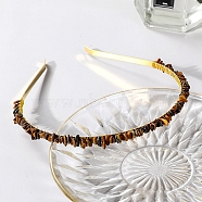 Wire Wrapped Natural Tiger Eye Chip Hair Bands, with Metal Hoop, for Women Girls, 140x120x25mm(PW-WG27230-18)