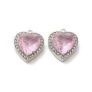 304 Stainless Steel Pendants, with Glass and Rhinestone, Heart Charms, Pink, 16x14x5.7mm, Hole: 1.4mm(STAS-L022-081P-01)