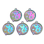 Rack Plating Rainbow Color Alloy Pendants, Cadmium Free & Nickel Free & Lead Free, Flat Round with Rocket & Star, 29x25x1mm, Hole: 2mm(PALLOY-S180-298)