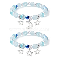 2Pcs 2 Style ABS Plastic Imitation Pearl & Acrylic Beaded Stretch Bracelets Set, Moon & Star Alloy Charms Stackable Bracelets, Light Sky Blue, Inner Diameter: 2-1/8 inch(5.5cm), 1Pc/style(BJEW-JB10103)