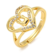 Heart with Letter Rack Plating Brass Micro Pave Clear Cubic Zirconia Adjustable Rings for Women, Lead Free & Cadmium Free, Real 18K Gold Plated, Letter U, Inner Diameter: 16mm(RJEW-I105-01G-U)