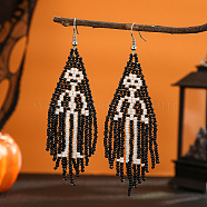 Skull Pattern Glass Bead Handmade Tassel Earrings for Women, Platinum, 93x28mm(BH0372)