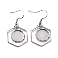 201 Stainless Steel Earring Hooks, with Hexagon Blank Pendant Trays, Flat Round Setting for Cabochon, Stainless Steel Color, 38mm, 22 Gauge, Pin: 0.6mm(STAS-Z036-12P)