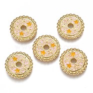 Brass Enamel Beads, Flat Round with Star & Yellow Star, Real 18K Gold Plated, Pink, 15.6x2mm, Hole: 2.7mm(KK-B023-02G-D)