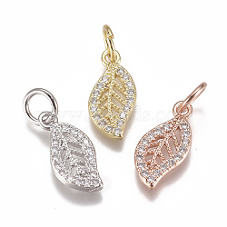 Brass Micro Pave Cubic Zirconia Charms, with Jump Ring, Long-Lasting Plated, Leaf, Clear, Mixed Color, 13x6x1mm, Hole: 3mm(ZIRC-F111-17)