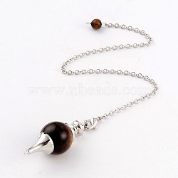 Natural Tiger Eye Sphere Dowsing Pendulums, with Platinum Tone Brass Cross Chain & Lobster Claw Clasps, 225~240mm(X-BJEW-E292-A09)