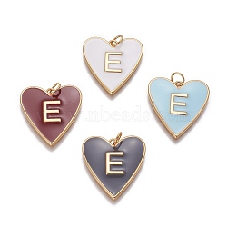 Brass Enamel Pendants, Long-Lasting Plated, Lead Free & Nickel Free & Cadmium Free, Heart with Letter.E, Golden, Mixed Color, 27.5~28x25~26x2.5~3mm, Hole: 4~4.5mm(KK-J272-E-NR)