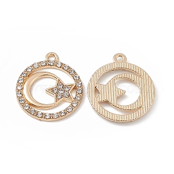 Alloy Crystal Rhinestone Pendants, Flat Round with Star Charms, Light Gold, 23x20x2mm, Hole: 1.8mm(FIND-C019-02KCG)