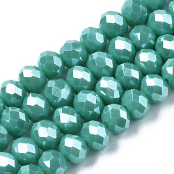 Electroplate Glass Beads Strands, Pearl Luster Plated, Faceted, Rondelle, Medium Turquoise, 3.5x3mm, Hole: 0.4mm, about 123~127pcs/strand, 13.7~14.1 inch(35~36cm)(EGLA-A034-P3mm-A03)