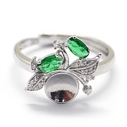 Adjustable Rhodium Plated 925 Sterling Silver Finger Ring Components, with Cubic Zirconia, Green & Clear, Platinum, Size: 7, 17mm, Tray: 6mm(STER-I016-040P)