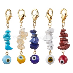 Handmade Evil Eye Lampwork Pendant Decorations, with Gemstone Chip Beads and Zinc Alloy Lobster Claw Clasps, Mixed Color, 59mm(HJEW-JM01716)