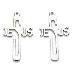 304 Stainless Steel Pendants, Cross with Word Jesus Charm, Stainless Steel Color, 39.5x22.5x1.5mm, Hole: 2mm(STAS-B054-03P)