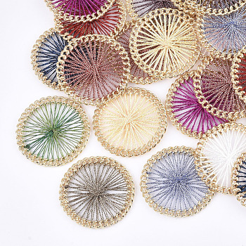Polyester Thread Woven Pendants, with Alloy Findings, Flat Round, Golden, Mixed Color, 38x4mm