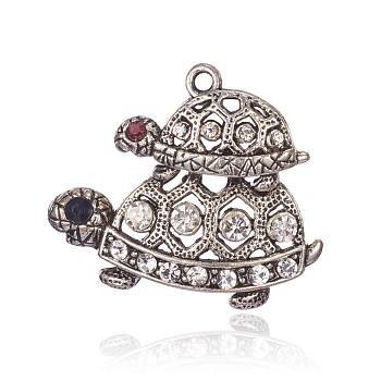 Tibetan Style Alloy Rhinestone Pendants, Tortoise, Antique Silver, Crystal, 42x38x3mm, Hole: 2mm