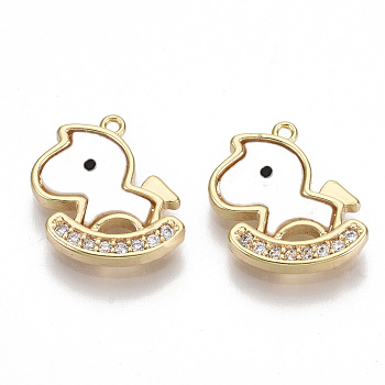 Brass Micro Pave Clear Cubic Zirconia Charms, with Natural Shell, Wooden Horse, Real 18K Gold Plated, Nickel Free, Seashell Color, 13x13x2mm, Hole: 0.9mm