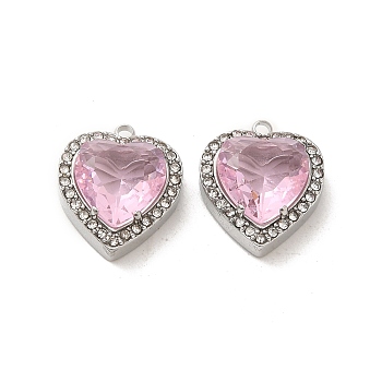 304 Stainless Steel Pendants, with Glass and Rhinestone, Heart Charms, Pink, 16x14x5.7mm, Hole: 1.4mm