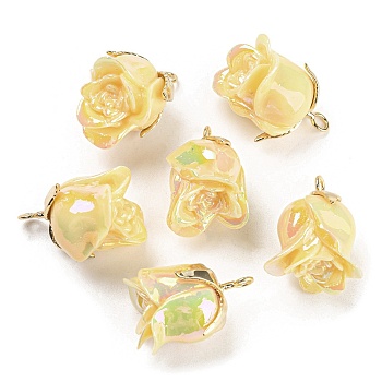 Opaque Resin Pendants, AB Color, Flower Charms with Golden Plated Alloy Leaf, Yellow, 22.5x18x17mm, Hole: 2.3mm