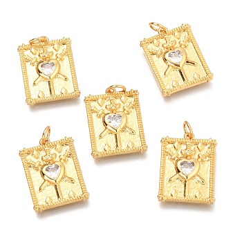 Brass Micro Pave Clear Cubic Zirconia Pendants, Rectangle with Heart and Sword, Real 18K Gold Plated, 20x15x2.4mm, Hole: 3.4mm
