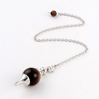 Natural Tiger Eye Sphere Dowsing Pendulums, with Platinum Tone Brass Cross Chain & Lobster Claw Clasps, 225~240mm