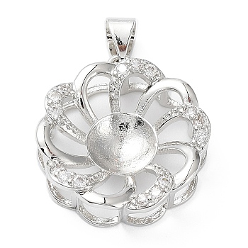 Platinum Plated Brass Pendant Cabochon Settings, Pearl Basket Pendant Prongs Mounting Settings with Crystal Rhinestone, Flower, Tray: 6.4mm, 21x19.2x8mm, Hole: 4.5x3.5mm
