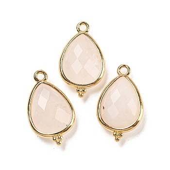Natural Rose Quartz Faceted Pendants, Rack Plating Golden Plated Brass Teardrop Charms, 21x12x5mm, Hole: 1.6mm