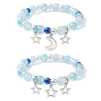 2Pcs 2 Style ABS Plastic Imitation Pearl & Acrylic Beaded Stretch Bracelets Set, Moon & Star Alloy Charms Stackable Bracelets, Light Sky Blue, Inner Diameter: 2-1/8 inch(5.5cm), 1Pc/style