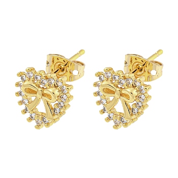 Brass Micro Pave Cubic Zirconia Ear Studs, Heart, 10x10.5mm