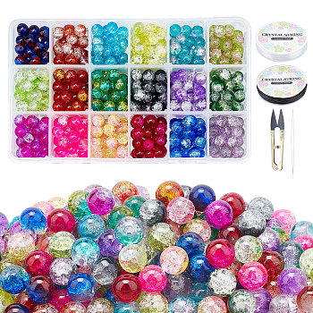 DIY Baking Painted Crackle Glass Beads Stretch Bracelet Making Kits, include Sharp Steel Scissors, Elastic Crystal Thread, Stainless Steel Beading Needles, Mixed Color, Beads: 8mm, Hole: 1.3~1.6mm, 630pcs/set